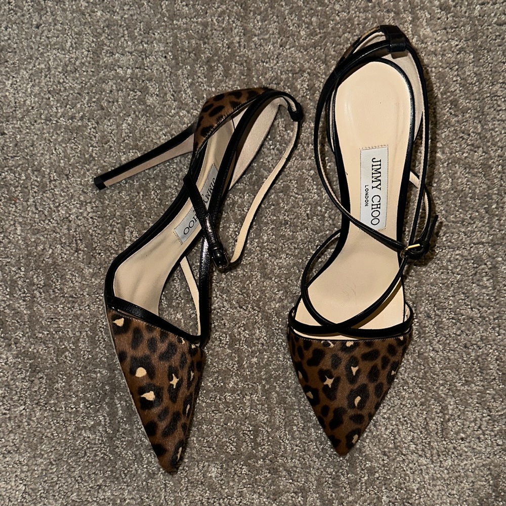 Jimmy Choo Leopard Print Brown and Black Pointed Toe Heels